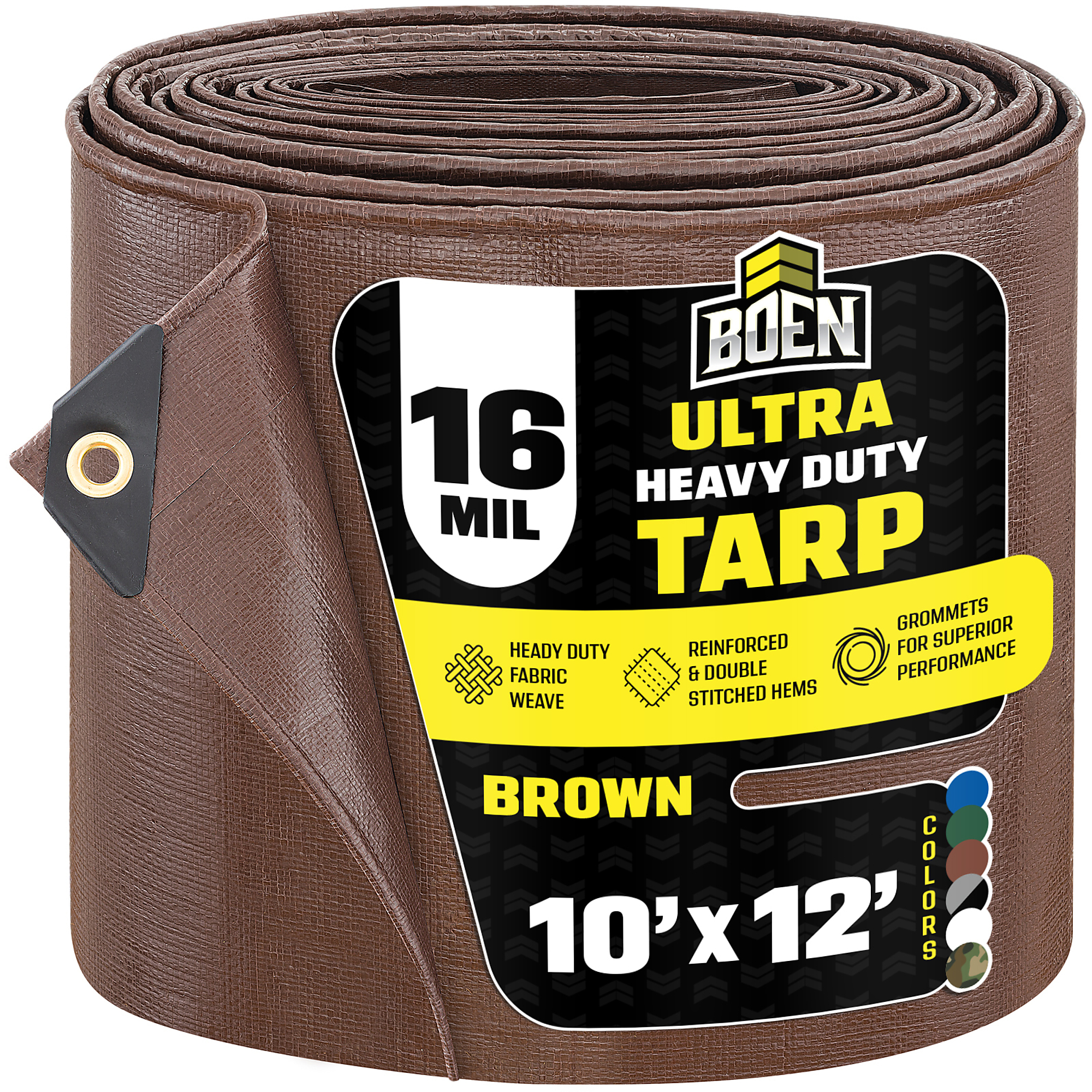 Boen Ultra Heavy-Duty Tarp — 10ft. x 12ft., 16 Mil Thick, Waterproof, Rip-Proof, UV Resistant, Brown, Model# BR16T-1012